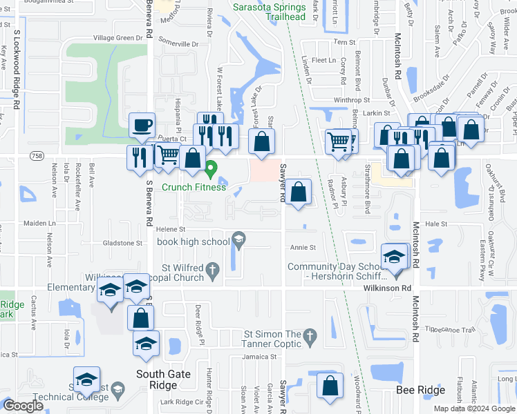 map of restaurants, bars, coffee shops, grocery stores, and more near 3852 Virga Boulevard in Sarasota