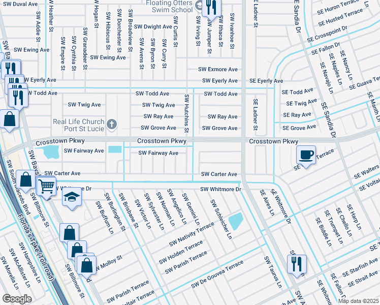 map of restaurants, bars, coffee shops, grocery stores, and more near 1534 Southwest Irving Street in Port St. Lucie