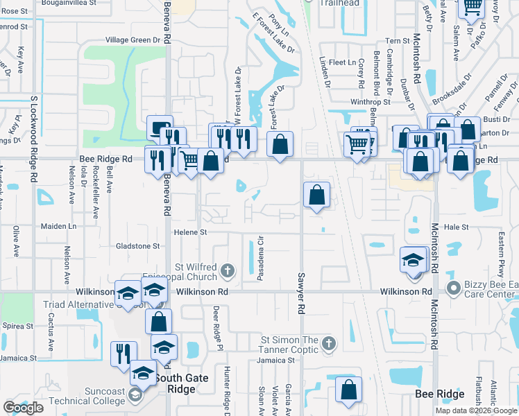 map of restaurants, bars, coffee shops, grocery stores, and more near 3792 Mahony Lane in Sarasota