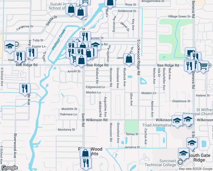 map of restaurants, bars, coffee shops, grocery stores, and more near 2957 Maiden Lane in Sarasota