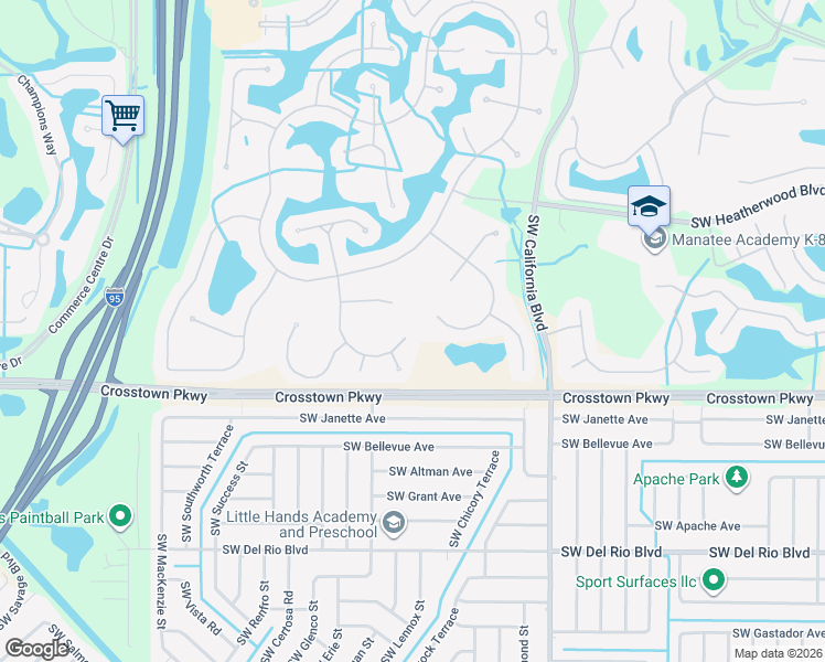 map of restaurants, bars, coffee shops, grocery stores, and more near 677 Southwest Andros Circle in Port St. Lucie