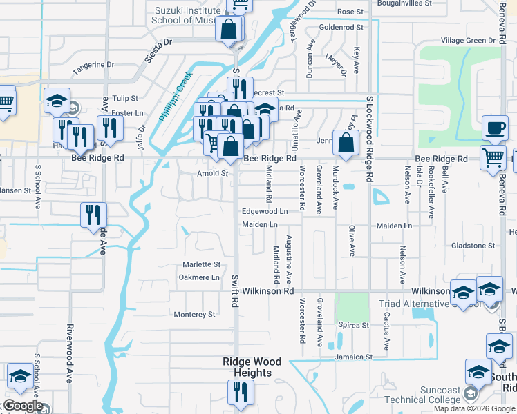 map of restaurants, bars, coffee shops, grocery stores, and more near 2824 Edgewood Lane in Sarasota