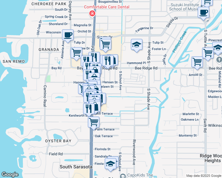 map of restaurants, bars, coffee shops, grocery stores, and more near 2055 Olentary Street in Sarasota