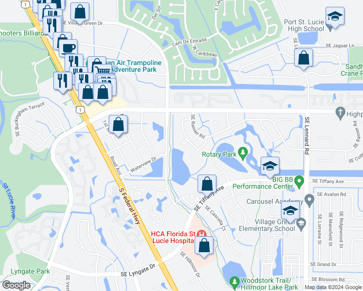 map of restaurants, bars, coffee shops, grocery stores, and more near 1456 Southeast Marisol Lane in Port St. Lucie
