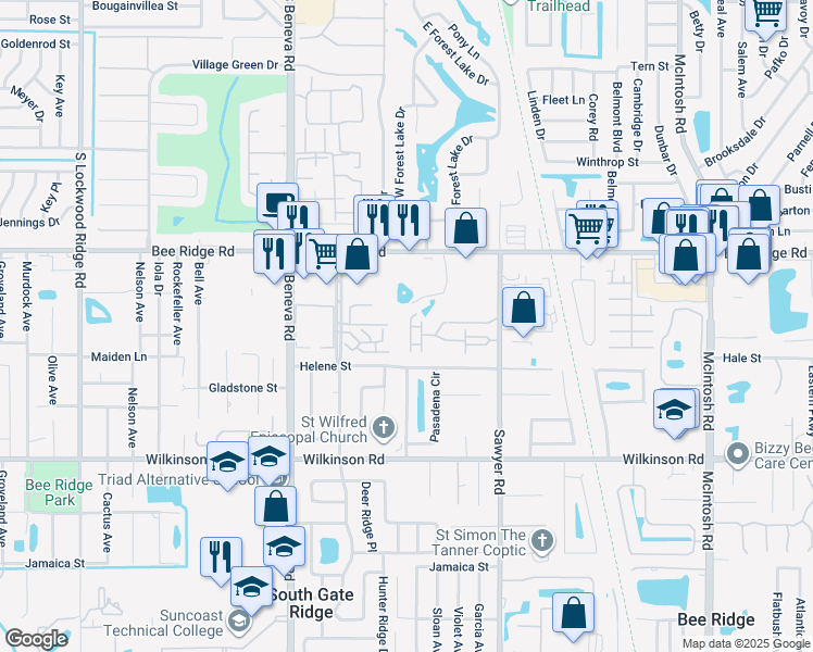 map of restaurants, bars, coffee shops, grocery stores, and more near 3792 Mahony Lane in Sarasota