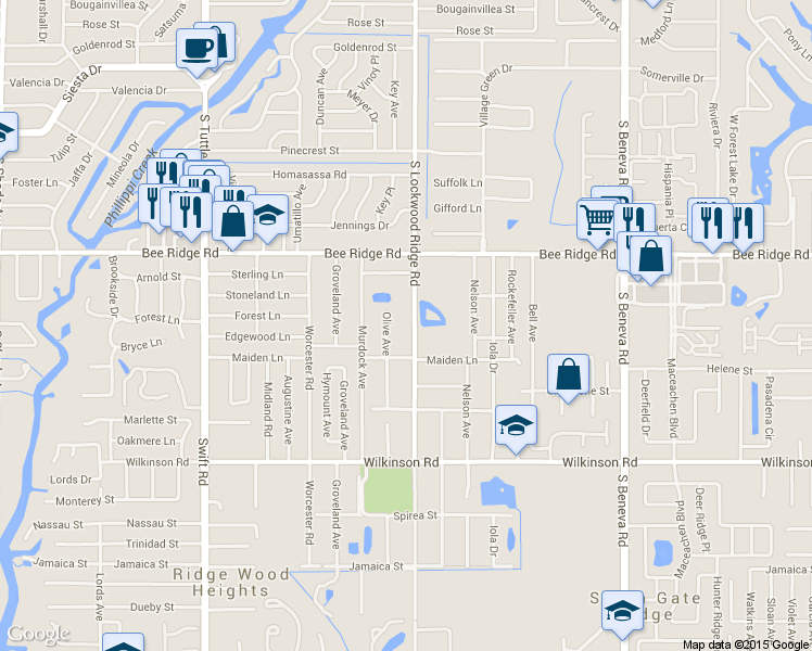 map of restaurants, bars, coffee shops, grocery stores, and more near 4010 South Lockwood Ridge Road in Sarasota
