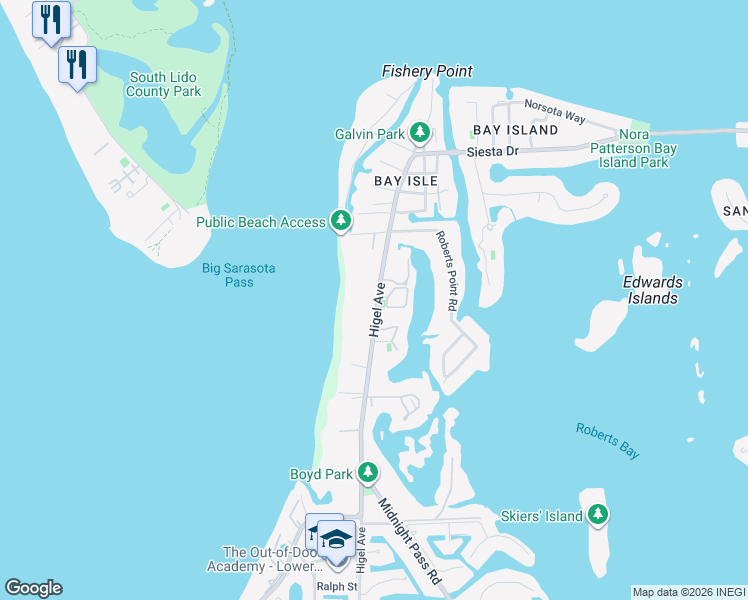 map of restaurants, bars, coffee shops, grocery stores, and more near 4011 Higel Avenue in Siesta Key