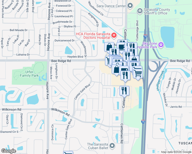 map of restaurants, bars, coffee shops, grocery stores, and more near 5765 Center Pointe Lane in Sarasota