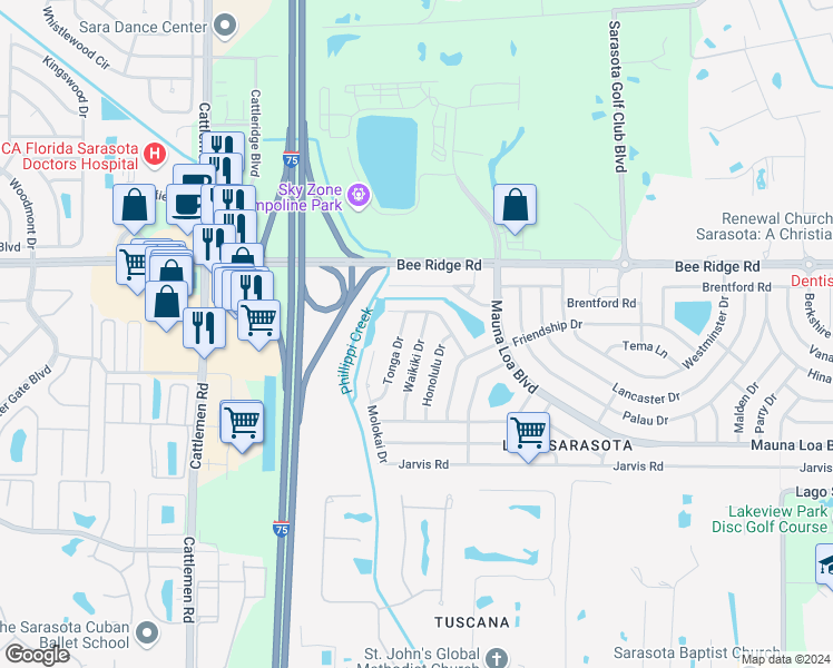 map of restaurants, bars, coffee shops, grocery stores, and more near 4036 Waikiki Drive in Sarasota