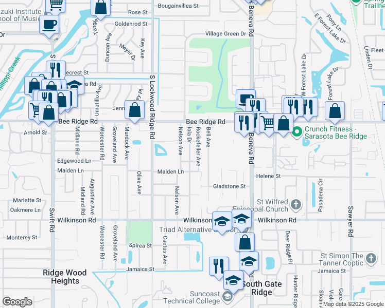 map of restaurants, bars, coffee shops, grocery stores, and more near 4025 Iola Drive in Sarasota