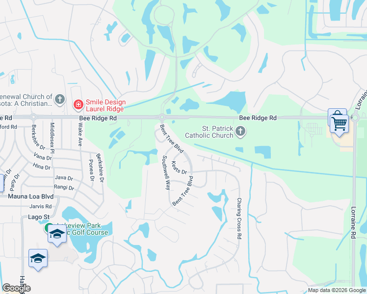 map of restaurants, bars, coffee shops, grocery stores, and more near 4063 Bent Tree Boulevard in Sarasota