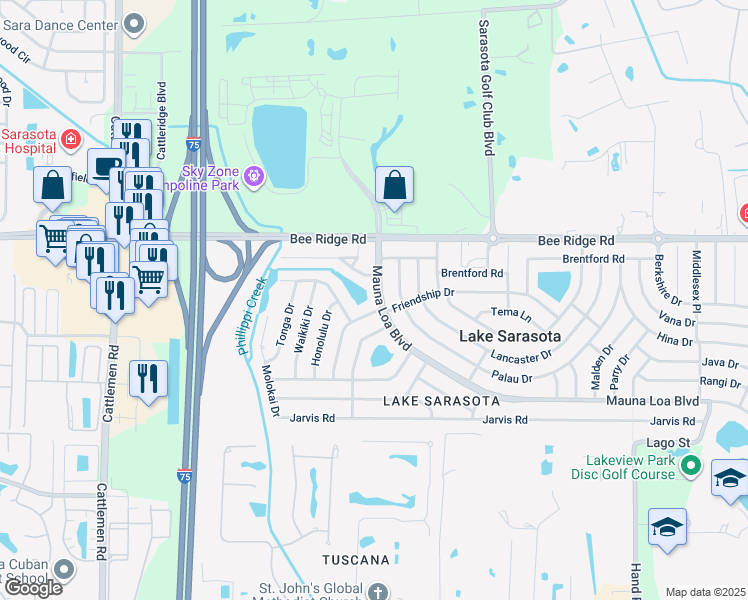 map of restaurants, bars, coffee shops, grocery stores, and more near 6563 Mauna Loa Boulevard in Sarasota