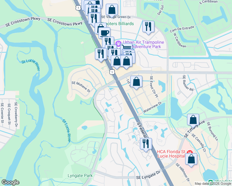 map of restaurants, bars, coffee shops, grocery stores, and more near 1586 Southeast Corvair Court in Port St. Lucie