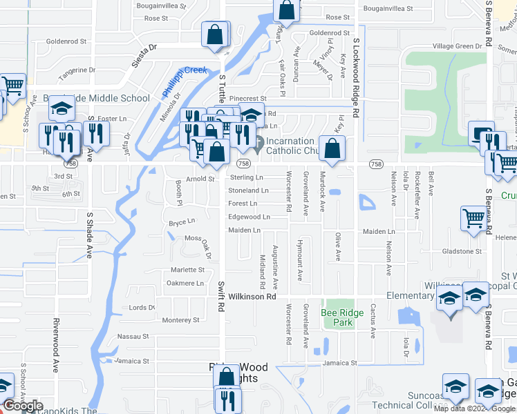 map of restaurants, bars, coffee shops, grocery stores, and more near 2902 Forest Lane in Sarasota