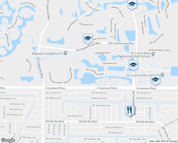 map of restaurants, bars, coffee shops, grocery stores, and more near 896 Southwest Grand Reserve Boulevard in Port St. Lucie