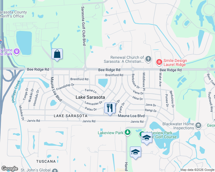map of restaurants, bars, coffee shops, grocery stores, and more near 3950 Westminster Drive in Sarasota