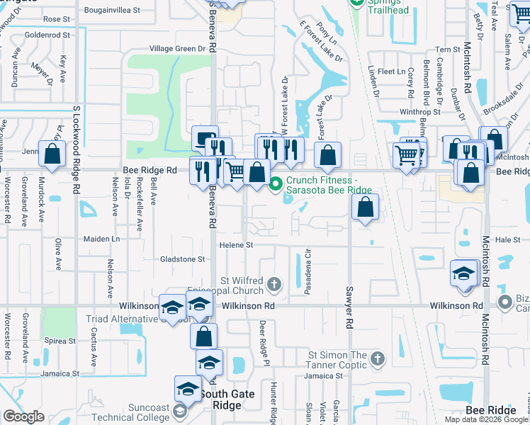 map of restaurants, bars, coffee shops, grocery stores, and more near 3987 Maceachen Boulevard in Sarasota