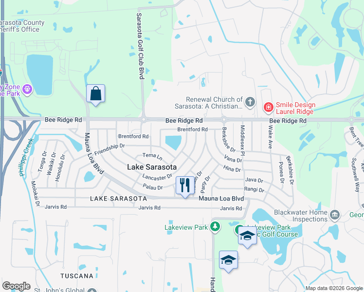 map of restaurants, bars, coffee shops, grocery stores, and more near 3950 Westminster Drive in Sarasota