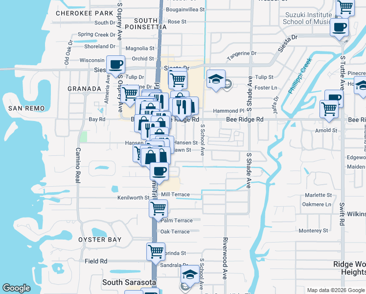 map of restaurants, bars, coffee shops, grocery stores, and more near in Sarasota