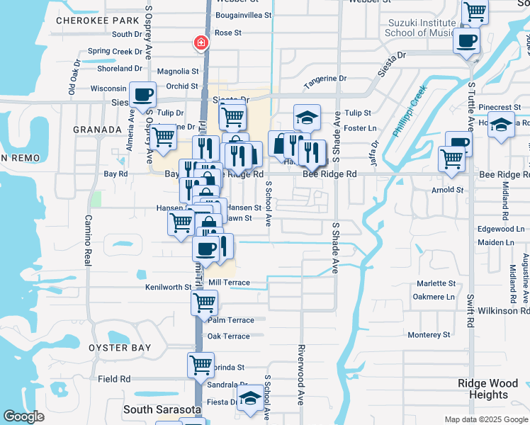 map of restaurants, bars, coffee shops, grocery stores, and more near 2170 Hansen Street in Sarasota