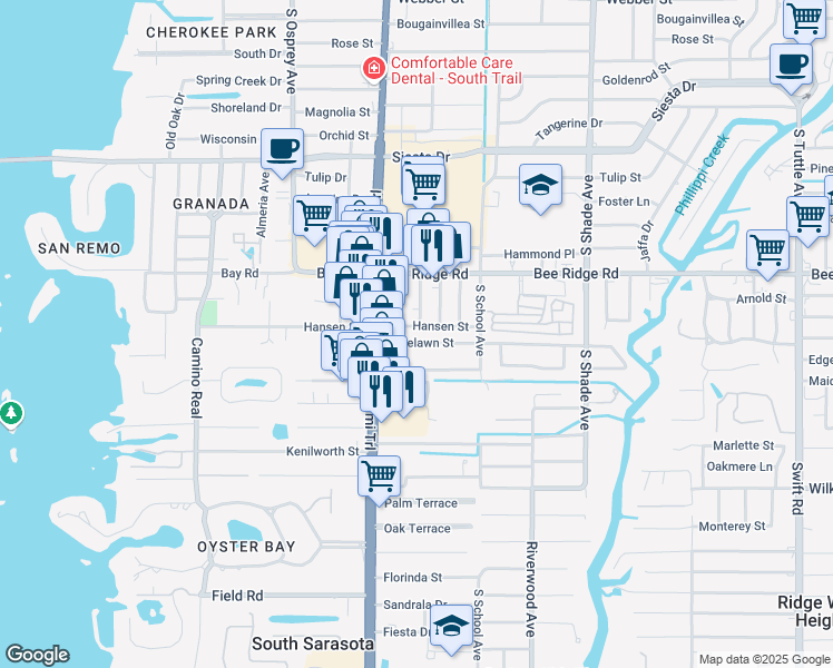 map of restaurants, bars, coffee shops, grocery stores, and more near 2052 Hansen Street in Sarasota