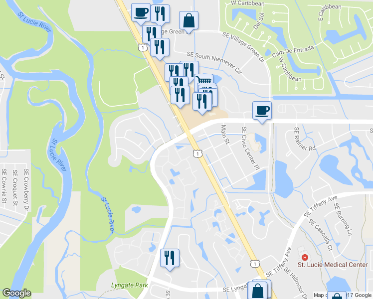 map of restaurants, bars, coffee shops, grocery stores, and more near 1586 Southeast Corvair Court in Port St. Lucie