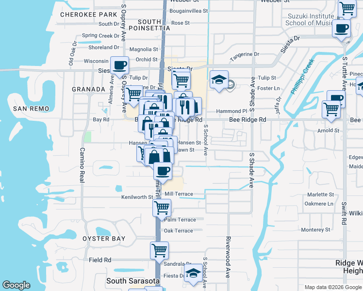 map of restaurants, bars, coffee shops, grocery stores, and more near in Sarasota