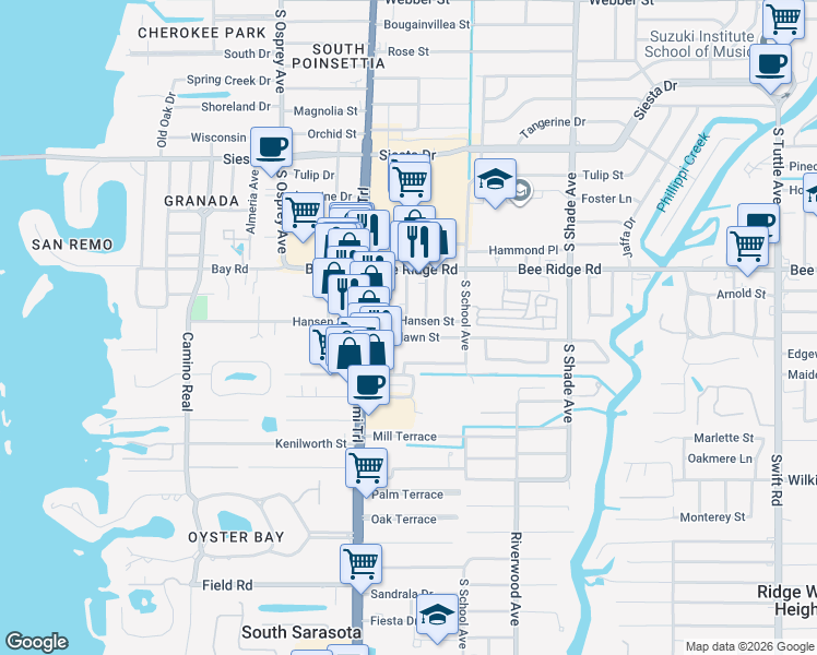 map of restaurants, bars, coffee shops, grocery stores, and more near in Sarasota