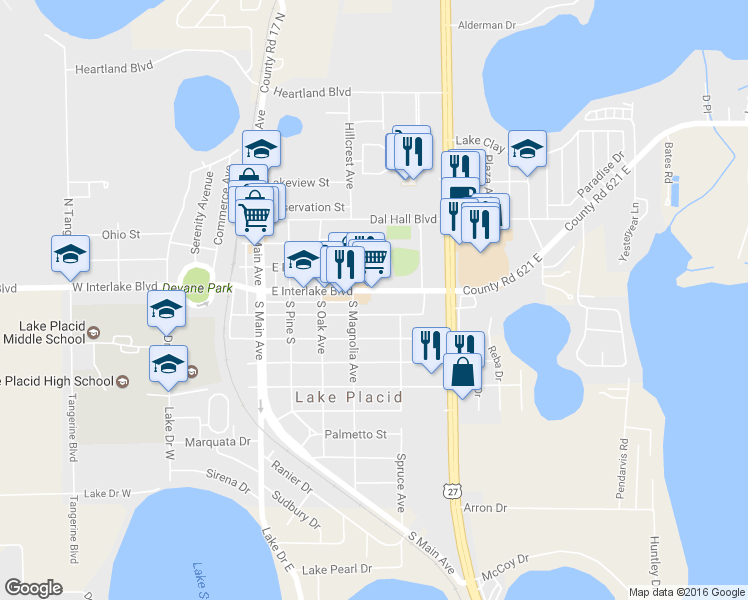map of restaurants, bars, coffee shops, grocery stores, and more near 386 East Interlake Boulevard in Lake Placid