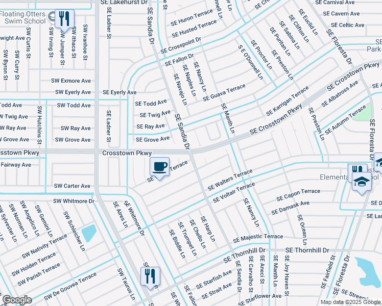 map of restaurants, bars, coffee shops, grocery stores, and more near Crosstown Pkwy & SE Sandia Dr in Port Saint Lucie