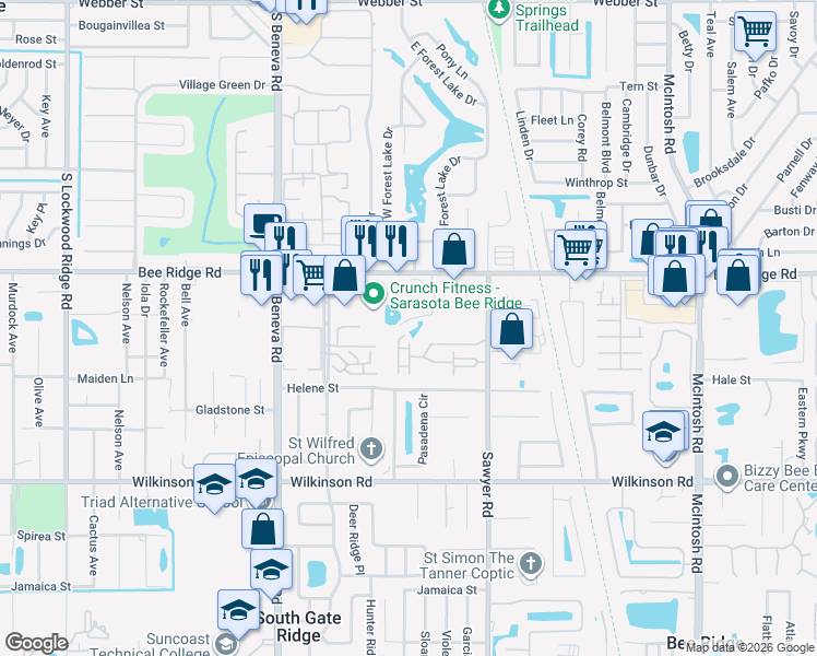 map of restaurants, bars, coffee shops, grocery stores, and more near 87 Lake Forest Drive in Sarasota
