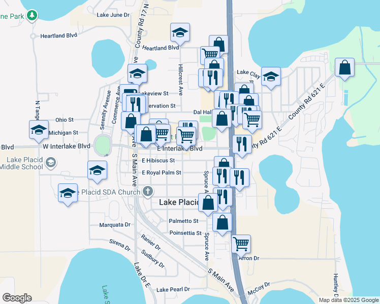 map of restaurants, bars, coffee shops, grocery stores, and more near 386 E Interlake Blvd in Lake Placid