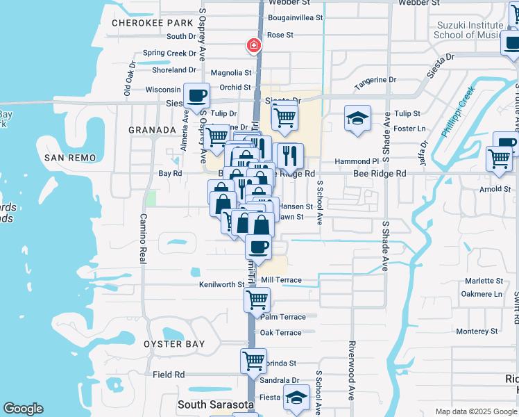 map of restaurants, bars, coffee shops, grocery stores, and more near in Sarasota