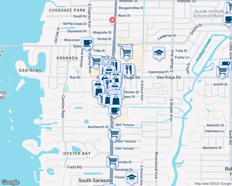 map of restaurants, bars, coffee shops, grocery stores, and more near in Sarasota