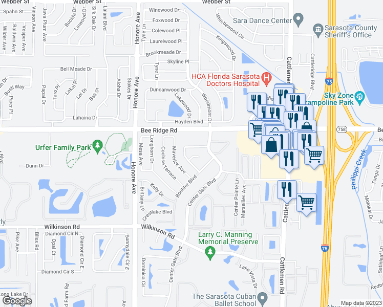 map of restaurants, bars, coffee shops, grocery stores, and more near 5651 Creekwood Circle in Sarasota