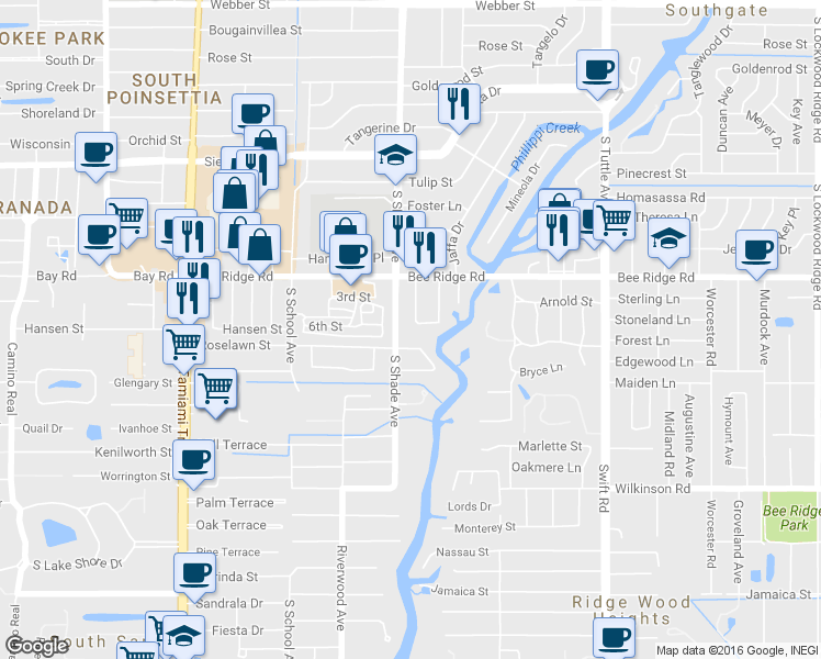 map of restaurants, bars, coffee shops, grocery stores, and more near 2444 Whipporwill Circle in Sarasota