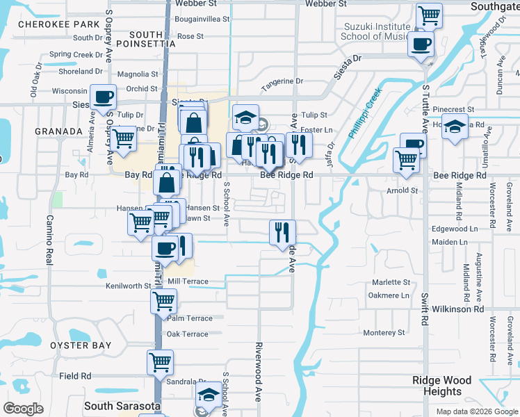 map of restaurants, bars, coffee shops, grocery stores, and more near 121 7th Street in Sarasota
