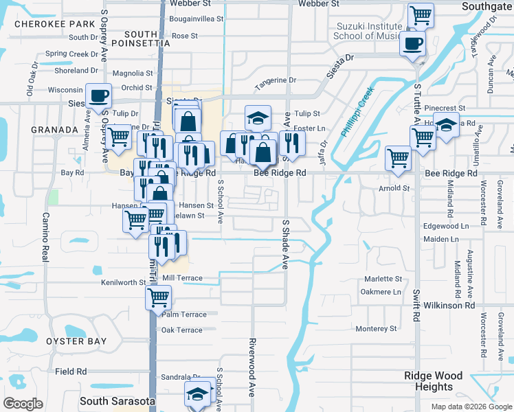map of restaurants, bars, coffee shops, grocery stores, and more near 119 6th Street in Sarasota