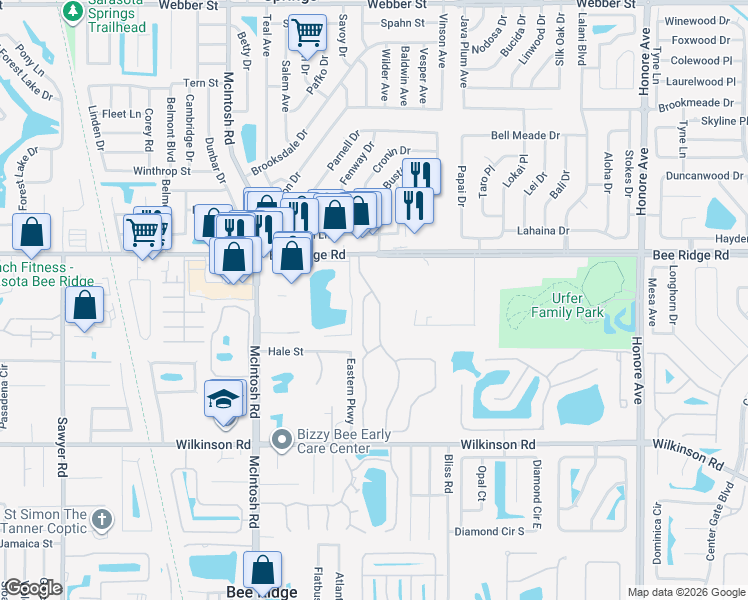 map of restaurants, bars, coffee shops, grocery stores, and more near 4001 Oakhurst Boulevard in Sarasota