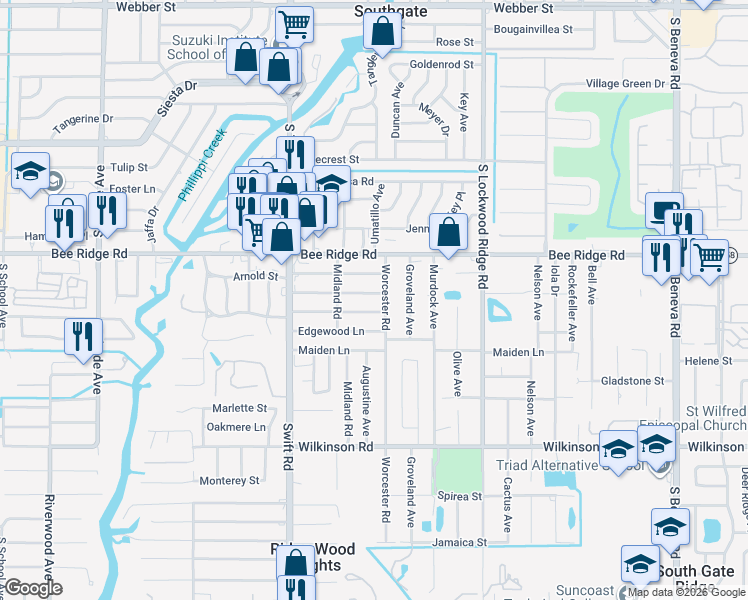 map of restaurants, bars, coffee shops, grocery stores, and more near 2934 Stoneland Lane in Sarasota