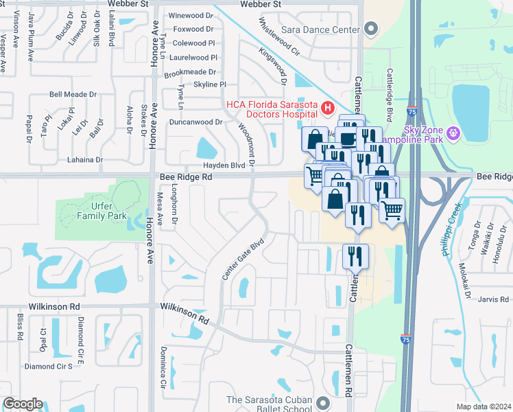 map of restaurants, bars, coffee shops, grocery stores, and more near 3922 Center Gate Circle in Sarasota