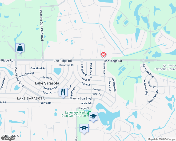 map of restaurants, bars, coffee shops, grocery stores, and more near 3957 Middlesex Place in Sarasota