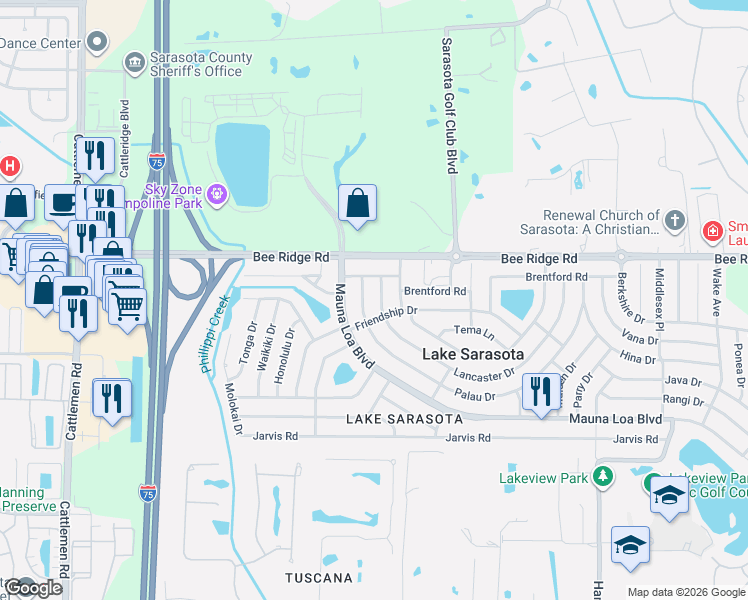 map of restaurants, bars, coffee shops, grocery stores, and more near 4224 Lancaster Drive in Sarasota