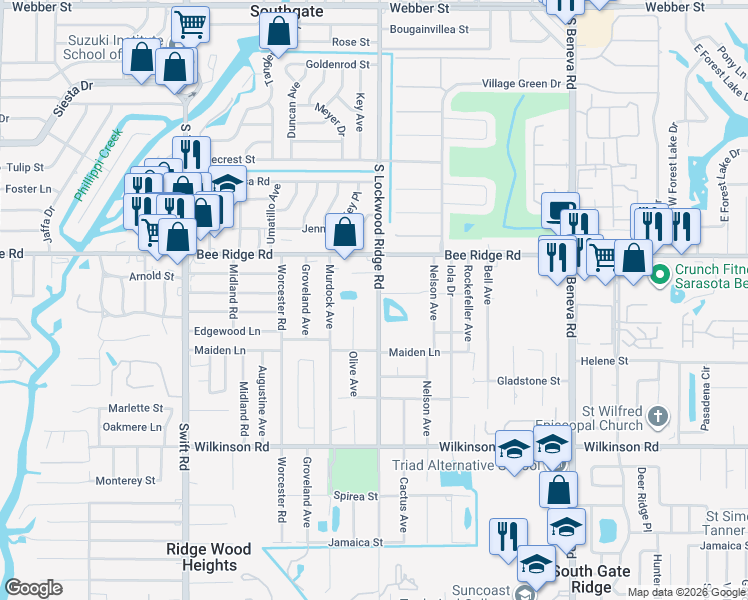 map of restaurants, bars, coffee shops, grocery stores, and more near 4010 South Lockwood Ridge Road in Sarasota