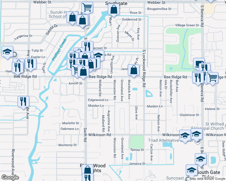 map of restaurants, bars, coffee shops, grocery stores, and more near 2934 Stoneland Lane in Sarasota
