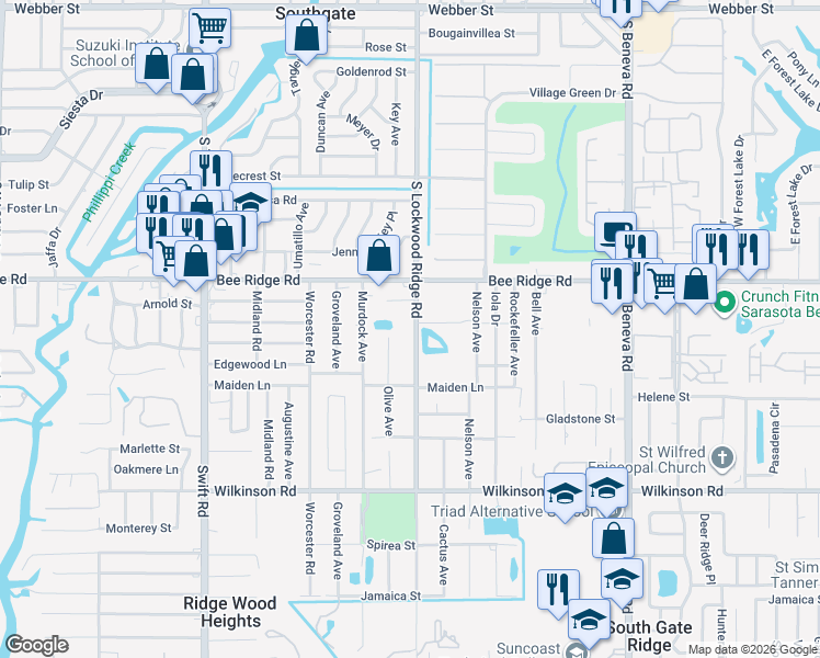 map of restaurants, bars, coffee shops, grocery stores, and more near 4010 South Lockwood Ridge Road in Sarasota