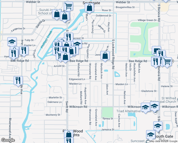 map of restaurants, bars, coffee shops, grocery stores, and more near 2934 Stoneland Lane in Sarasota