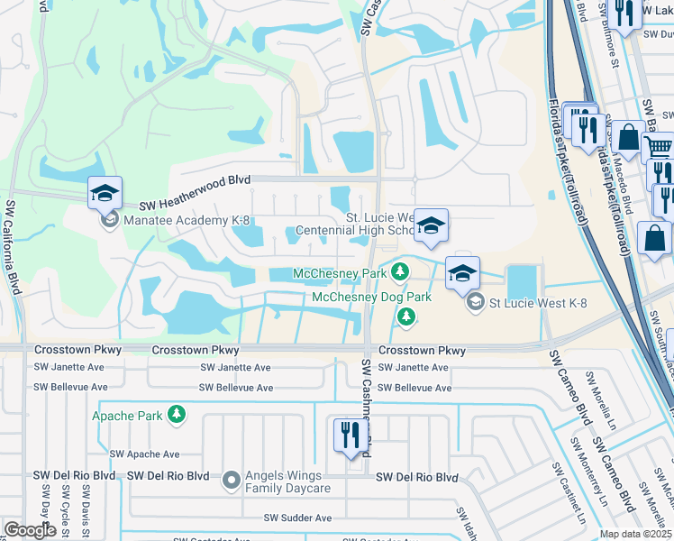 map of restaurants, bars, coffee shops, grocery stores, and more near Southwest Village Drive in Port St. Lucie