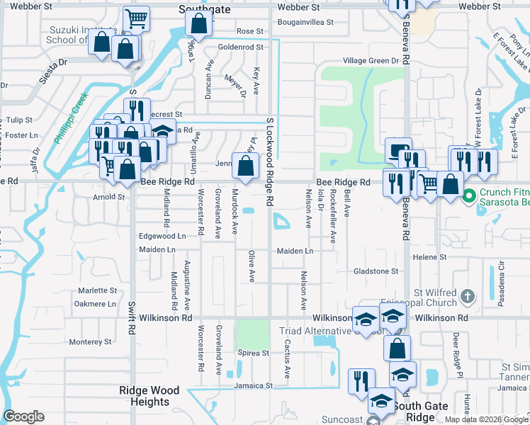 map of restaurants, bars, coffee shops, grocery stores, and more near 4010 South Lockwood Ridge Road in Sarasota