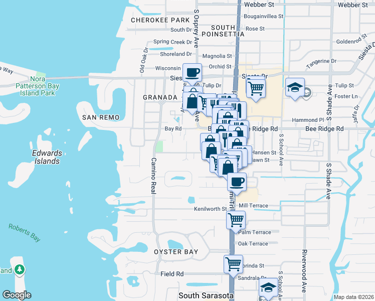 map of restaurants, bars, coffee shops, grocery stores, and more near 1705 Hansen Street in Sarasota